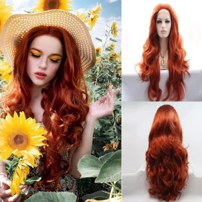 Image of xiweiya Long Copper Red Synthetic Lace Front Wig Heat Resistant Body Wave Wavy Wigs Free Part Natural Hair for Women 24 Inch Fashion Glueless