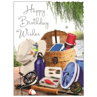 Image of Male Birthday Card General for Men Fishing Design Special Finishes and Illustrated Insert Leaf Made in the UK
