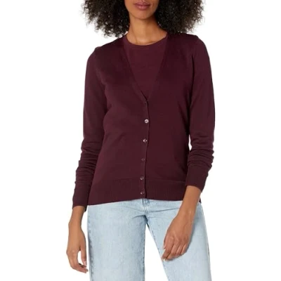 Image of Amazon Essentials Women&#039;s Lightweight V Neck Cardigan Jumper (Available in Plus Size), Burgundy, XL