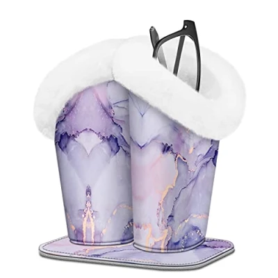 Image of Fintie Plush Lined Double Eyeglasses Holder with Magnetic Base Anti scratch Premium Vegan Leather Glasses Stand Case, Za lilac Marble, Medium
