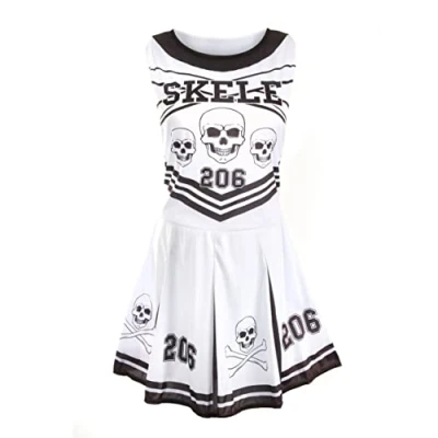 Image of Ladies Halloween Skeleton Cheerleader Medium Black and White Dress with Skull Crossbones Design Womens Fancy Costume