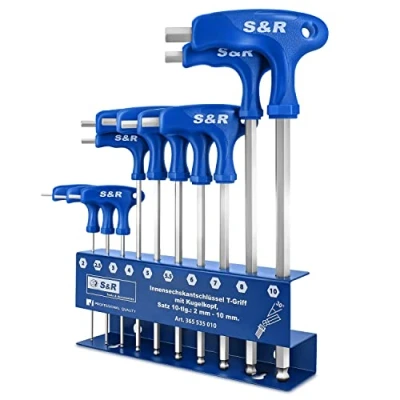 Image of S&amp;R Allen Keys, Hex Keys Set, HX, 10 Pcs. 2 mm mm, S2 Tool Steel, T Handle, with Ball Head, Metal Holder, Extra Long, Metric