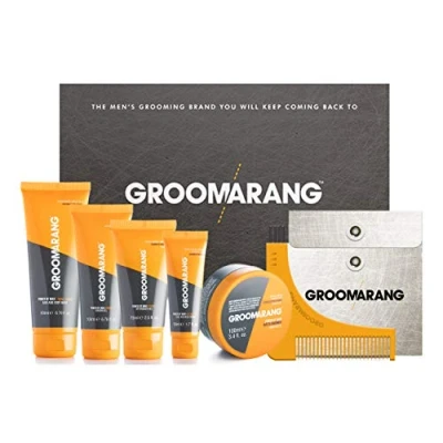 Image of Mens Toiletry Gift Set GROOMARANG ‘Power of Man’ Toiletries for Men Includes Hair &amp; Body Wash, Face Neck Cream, Shaving Gel, Aftershave Beard Shaping Comb Paste