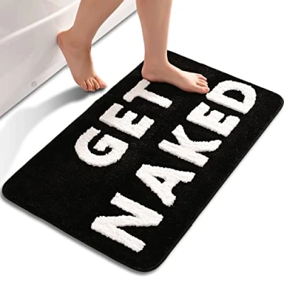Image of QJHOMO Get Naked Bath Mat Black and White Bathroom Mats 50 x 80 cm, Non Slip for Bathroom, Colourful Letters Soft Microfiber mat, Machine Washable Rug