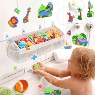 Image of Bath Toy Storage Net, Bathtub Tidy Hanging Organiser Bag, Holder Mesh Bags, 3 Compartment Horizontal Large Openings Organizer with 2 Side Pockets