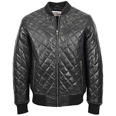Image of Mens Real Leather Bomber Jacket Quilted Varsity Style Warren Black (M)