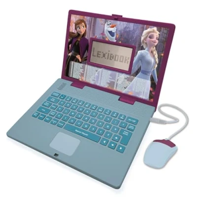 Image of LEXIBOOK Disney Frozen 2 Educational and bilingual laptop Spanish/English Toy for girls with 124 Learning Activities, Games Music Elsa Anna Blue/Purple