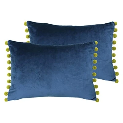 Image of Paoletti Fiesta Twin Pack Feather Filled Cushions, Indigo/Olive, 2 Count (Pack of 1)