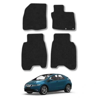 Image of Car Mats Compatible with Honda Civic (2006 2008) Tailored Fit Grey Trimmed Carpet Floor Mat Set Accessory Black Custom Fitted 4 Pieces Clips Anti Slip Backing &amp; Trim Edging