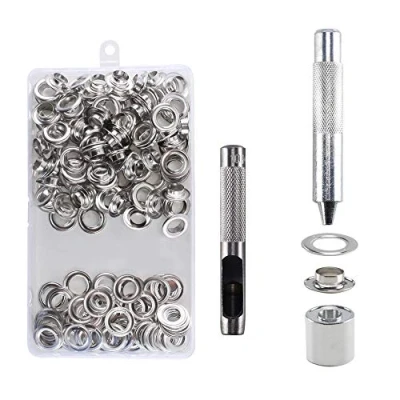 Image of HO2NLE 100 Sets Grommet Tool Kit 10mm(2/5 Inch) Grommets Eyelets Silver Eyelet Punch Metal Setting with Storage Box 3Pcs Hole for Fabric Tarpaulin Belt DIY Crafts