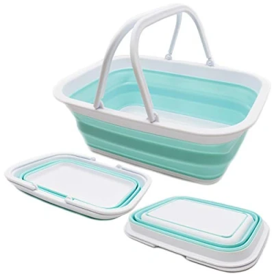 Image of SAMMART 9.2L Collapsible Tub with Handle Portable Outdoor Picnic Basket/Crater Foldable Shopping Bag Space Saving Storage Container (White/Lake Green, 1)