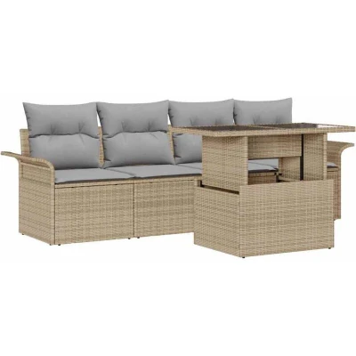 Image of vidaXL 5 Piece Garden Sofa Set with Cushions Beige Poly Rattan