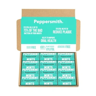 Image of Peppersmith British Peppermint Mints 100% Plant Based Xylitol Breath Freshener Sugar Free Benefits Oral Health Pocket Packs 12x15g