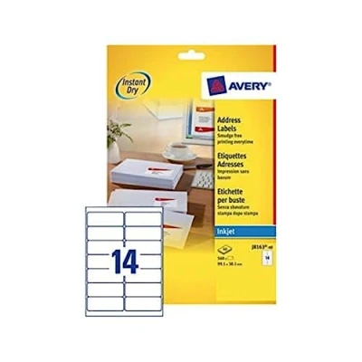 Image of AVERY J8163 40 Adhesive Personalised Address Labels 560 White. 99.1 x 38.1 mm. Printing: Inkjet