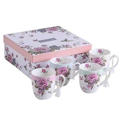 Image of Tea Coffee Cup Mug Set 4 Ceramic Porcelain Bird Rose Butterfly Shabby Chic Design in Gift Box 330ML (1 Set)