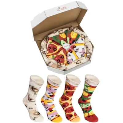 Image of Rainbow Socks Man Woman Pizza Box Mix Capriciosa Pepperoni Wegetarian 4 Pairs Size 7