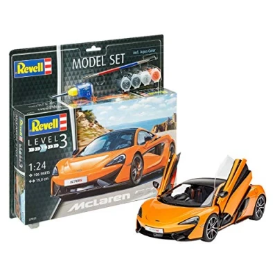 Image of Revell Model Set 67051 McLaren 570S 1:24 Scale Unbuilt/Unpainted Plastic Kit with Contacta Professional Glue, Paintbrush &amp; Selected Aqua Color Paints