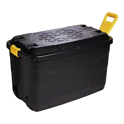 Image of STAR SUPPLIES Strong Black XL Heavy Duty Storage Trunk With Wheels Lid &amp; Handles Indoor Outdoor Box (110 Litre, 2 Boxes)