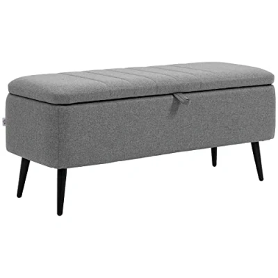 Image of HOMCOM Storage Ottoman with Flip Top, Rectangular Upholstered Bench, Linen Fabric Footstool Steel Legs for Living Room, Bedroom, Grey