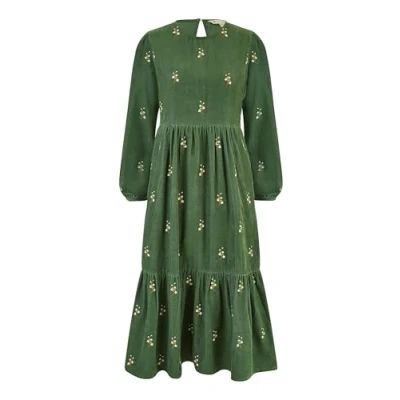 Image of Yumi Womens Green Long Sleeve Midi Dress With Floral Embroidery Cotton Size 10 UK