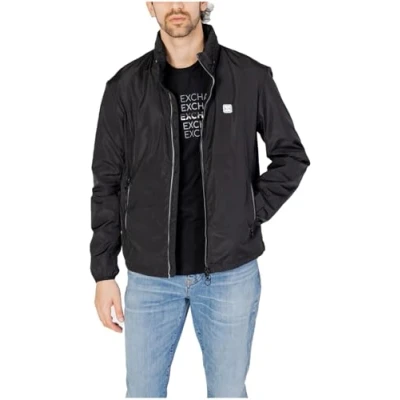Image of Armani Exchange Men&#039;s Packable, Hidden Hoodie, Two Zip Pockets on Front, Rubber Patch Logo Windbreaker, Black, Extra Small