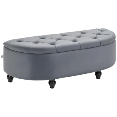 Image of HOMCOM Semi Circle Bed End Bench Ottoman with Storage Tufted Upholstered Accent Seat Footrest Stool Rubberwood Legs for Bedroom &amp; Entryway, Dark Grey