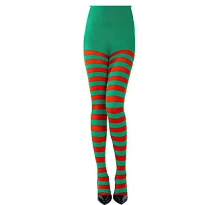 Image of labreeze Ladies Elf Santa’s Helper Miss Santa Stripy Tights Christmas Xmas Novelty Party Fancy Dress (Red/Green)