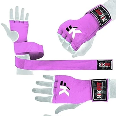 Image of KIKFIT Boxing Hand Wraps Inner Gloves Gel Padded Elasticated Long Wrist Straps Fist Protection MMA Punch Speed Bag Training Under Mitts Bandages (Pink, L/XL)