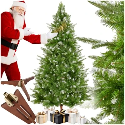 Image of tectake® Artificial Christmas Tree in Green with Frosted Tips, Lifelike Needles &amp; Bendable Branches, Realistic Easy Setup Stable Wooden Stand, Allergy Friendly Xmas 180 cm