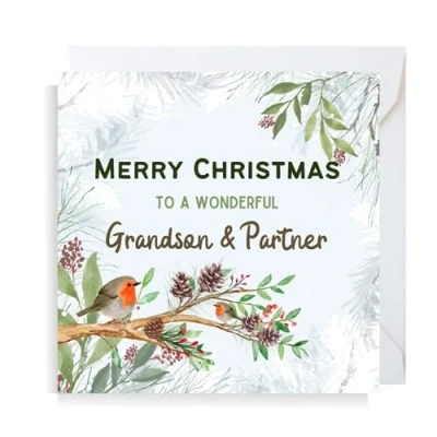 Image of Second Ave Grandson &amp; Partner Christmas Robin Square Xmas Holiday Festive Greetings Card