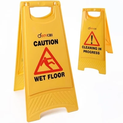 Image of DIVCHI Warning Caution Wet Floor Sign Yellow Cleaning In Progress Printed On The Other Side Mini Ideal For Commercial Business Use