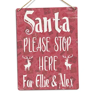 Image of TOASTED MERCH Personalised Santa Please Stop Here (Red) Twine Metal Wall Sign Plaque
