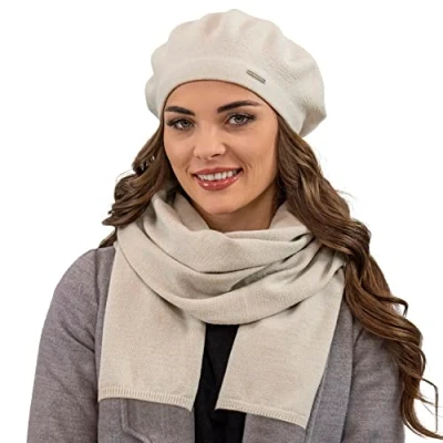 Image of Vivisence Elegant Women&#039;s Winter Beret and Scarf Set Made of Warm Thick Soft Fabric with Wool Blend for Ladies Ideal Cold Autumn Days, Beige,UNI