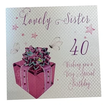 Image of white cotton cards &quot;Pink Present, Lovely Sister 40 Wishing You A Special Birthday Handmade 40th Card, White, WB190