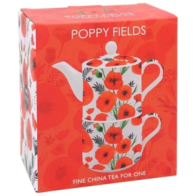 Image of Lesser &amp; Pavey Poppy Fields Tea for One Set Lovely Red White Classic Design Ceramic Pot Mug Gift Idea