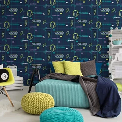 Image of Holden Gamer Wallpaper Retro Gaming Navy Blue/Neon Yellow 13310