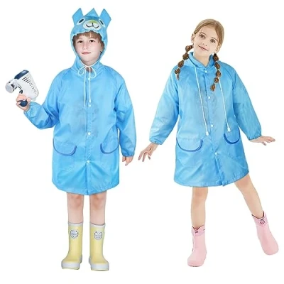 Image of Vicloon Kids Portable Raincoat, Blue Bear Rain Poncho Waterproof with Hoods and Sleeves, Reusable Resistant for Camping, Emergency Situations, Travel