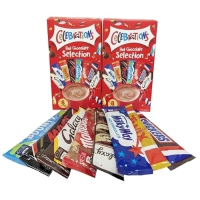 Image of Topline Hot Chocolate Selection Gift Hamper Pack of 2 x 8 Celebrations Sachets Bulk Buy with Card. Set for Christmas Stocking Fillers, Secret Santa Gifts or Movie Night