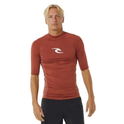 Image of RIP CURL Mens Waves UPF Performance Short Sleeve Rash Vest Top Red UV Sun Protection and SPF Properties