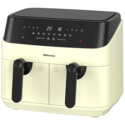 Image of EMtronics EMAFDD9LCR Dual Air Fryer Extra Large Family Size Double XL 9 Litre with 8 Adjustable Pre Set Menus for Oil Free &amp; Low Fat Healthy Cooking, Easy Clean Metal Interior, 99 Minute Timer Cream