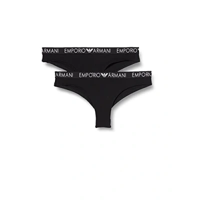 Image of Emporio Armani Women&#039;s Iconic Cotton 2 Pack Brazilian Brief Underwear, Black/Black, L
