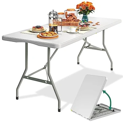 Image of YITAHOME 6ft Folding Camping Table with Handle, Heavy Duty Waterproof Picnic Table, Foldaway Pasting Portable Trestle for Outdoor Party Beach BBQ, 180 x 75 74cm, White