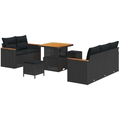 Image of vidaXL 8 Piece Garden Sofa Set with Cushions Black Poly Rattan Acacia