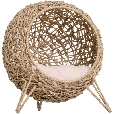 Image of PawHut Wicker Cat House, Rattan Elevated Bed with Three Tripod Legs, Ball Shaped Basket Cushion Natural Wood Finish