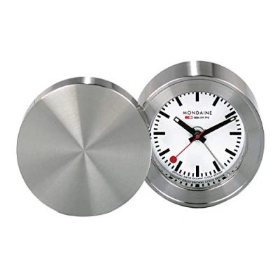 Image of Mondaine Alarm Clock MSM.64410 Table 50mm Official Swiss Railways Brushed Metal Casing Hands visible in the dark Red Second Hand