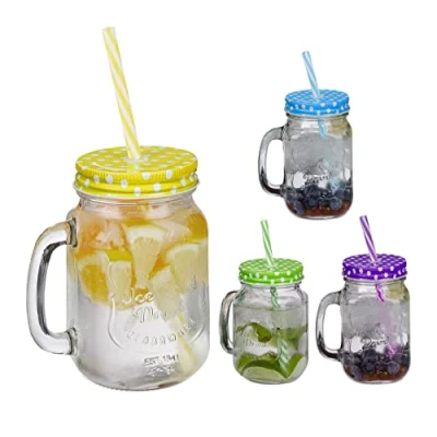 Image of Relaxdays 4X Drinking Jars, 500ml Each, Dishwasher Safe, Dotted Lids &amp; Straws, 4 Colours, Vintage Glasses, Transparent, 19 x 11 8 cm