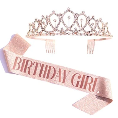 Image of Leixi Birthday Girl Sash &amp; Rhinestone Tiara Kit 21st 30th Gifts for Women Party Supplies (Rose)