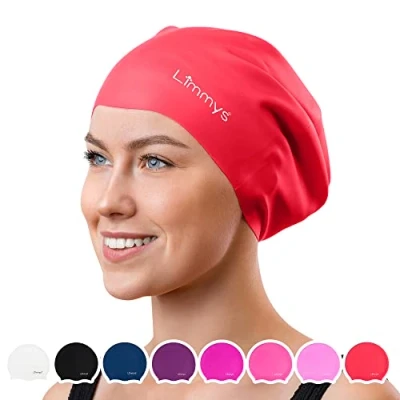 Image of Limmys Adult Long Hair Swimming Cap 100% Silicone Kids Swim Caps for Men and Women Premium Quality, Stretchable Comfortable Hats Available in Different Attractive Colours (L, Black)