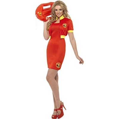 Image of Smiffys Baywatch Lifeguard Costume in Red for Adults, Includes Dress and Cropped Jacket, Officially Licensed, Bodycon Style Ideal Beach Themed Parties, Stag &amp; Hen Nights