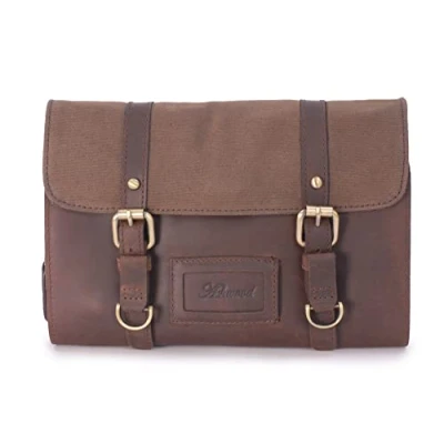 Image of ASHWOOD Men&#039;s Hanging Wash Bag/Shaving Bag/Travel/Gym/Toiletry Bag Genuine Leather and Canvas Hammersmith 7010 Mud (Brown)